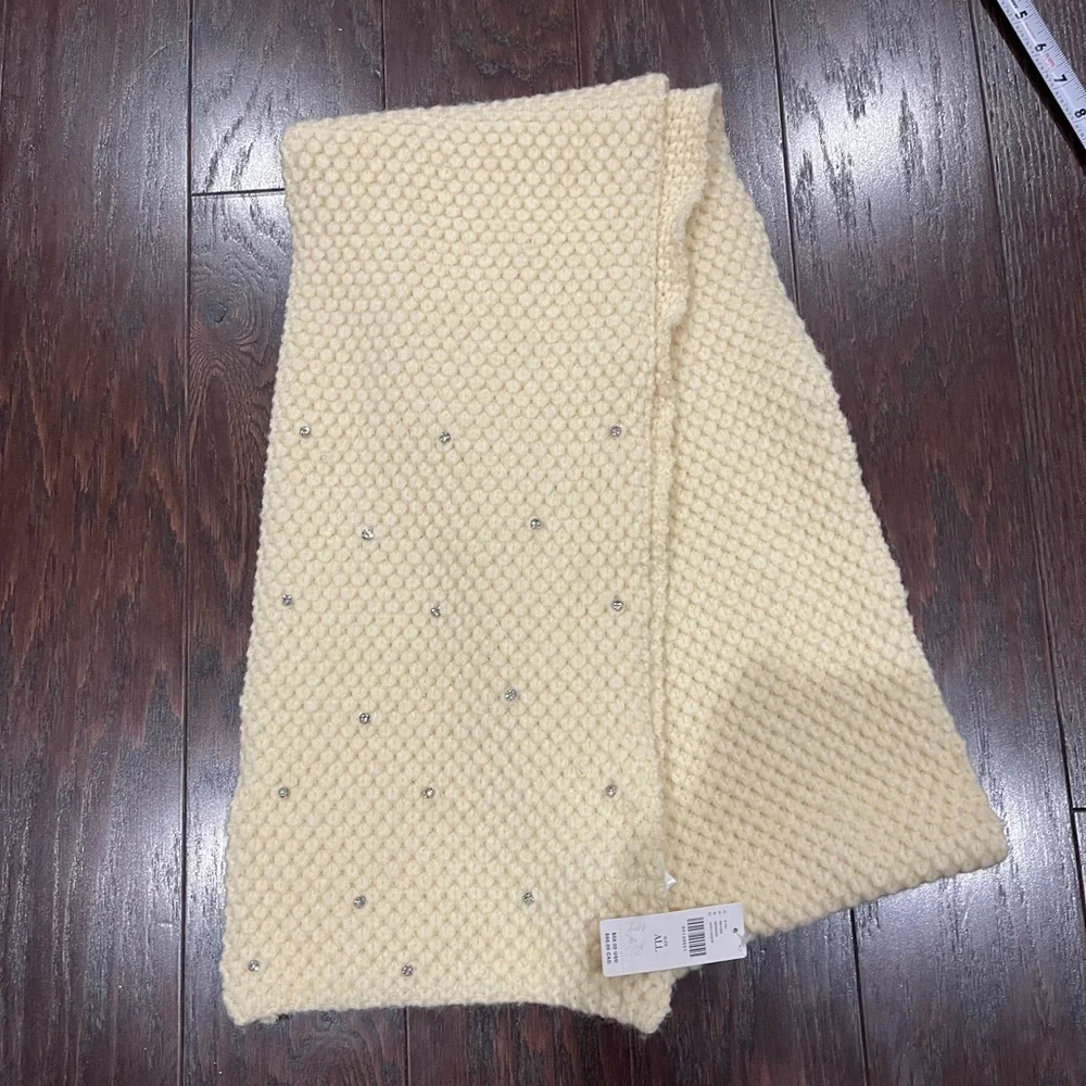 Maeve By Anthropologie Womens Luxury Cream Rhinestone Waffle Knit Scarf 80”L